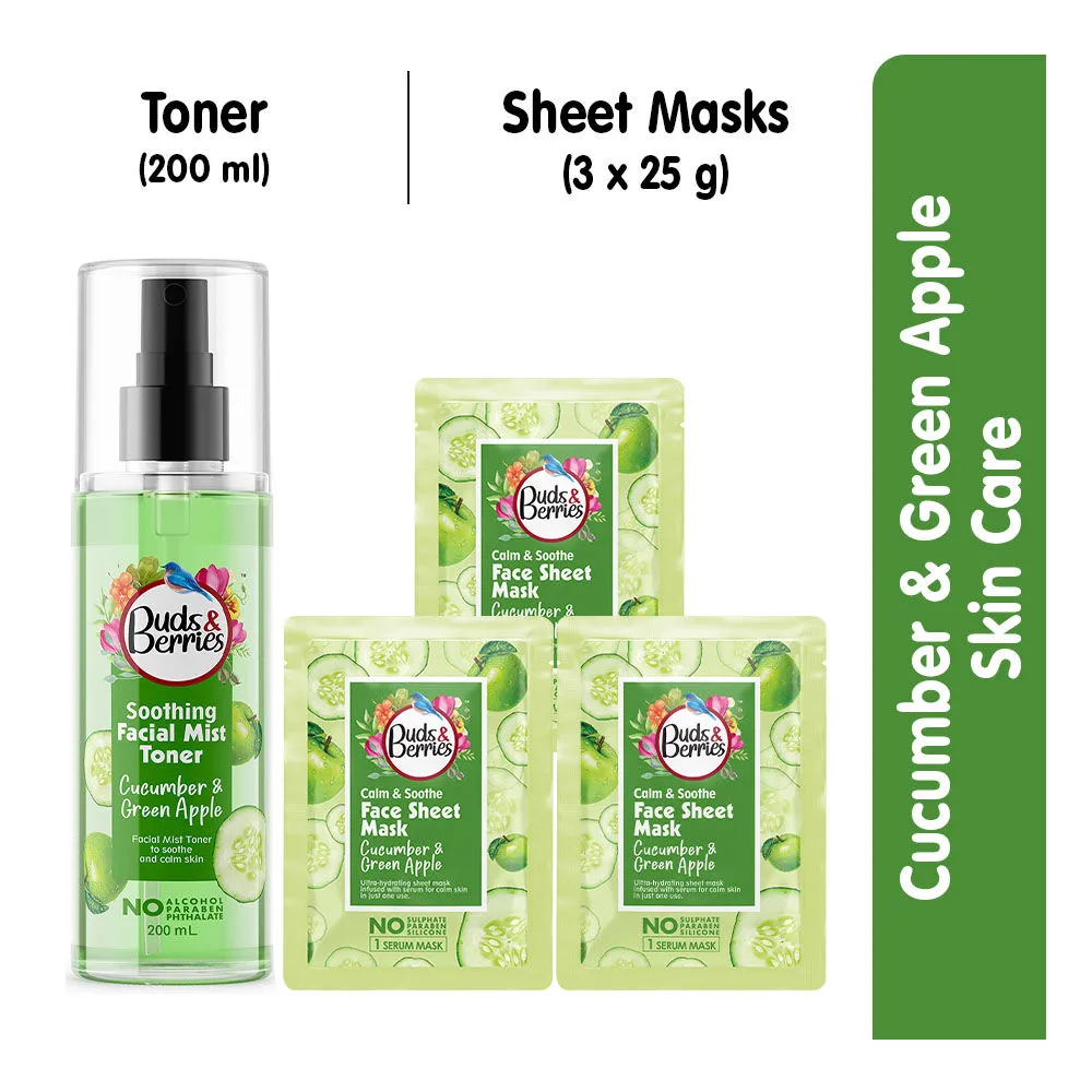 Buds & Berries Calm and Soothe Face Care Cucumber and Green Apple Face Toner + Facial Sheet Mask