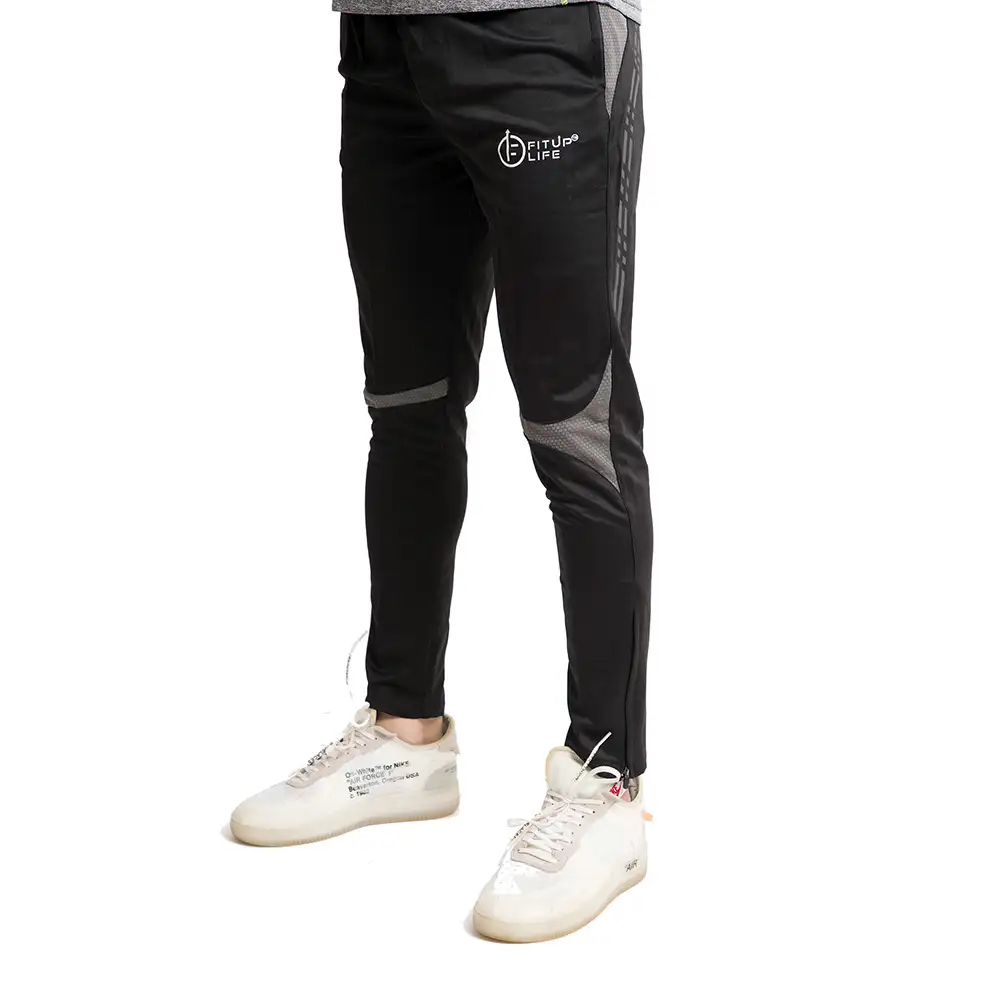 Fitup Life Solid Men Track Pants with Grey Strip,  Black  Small