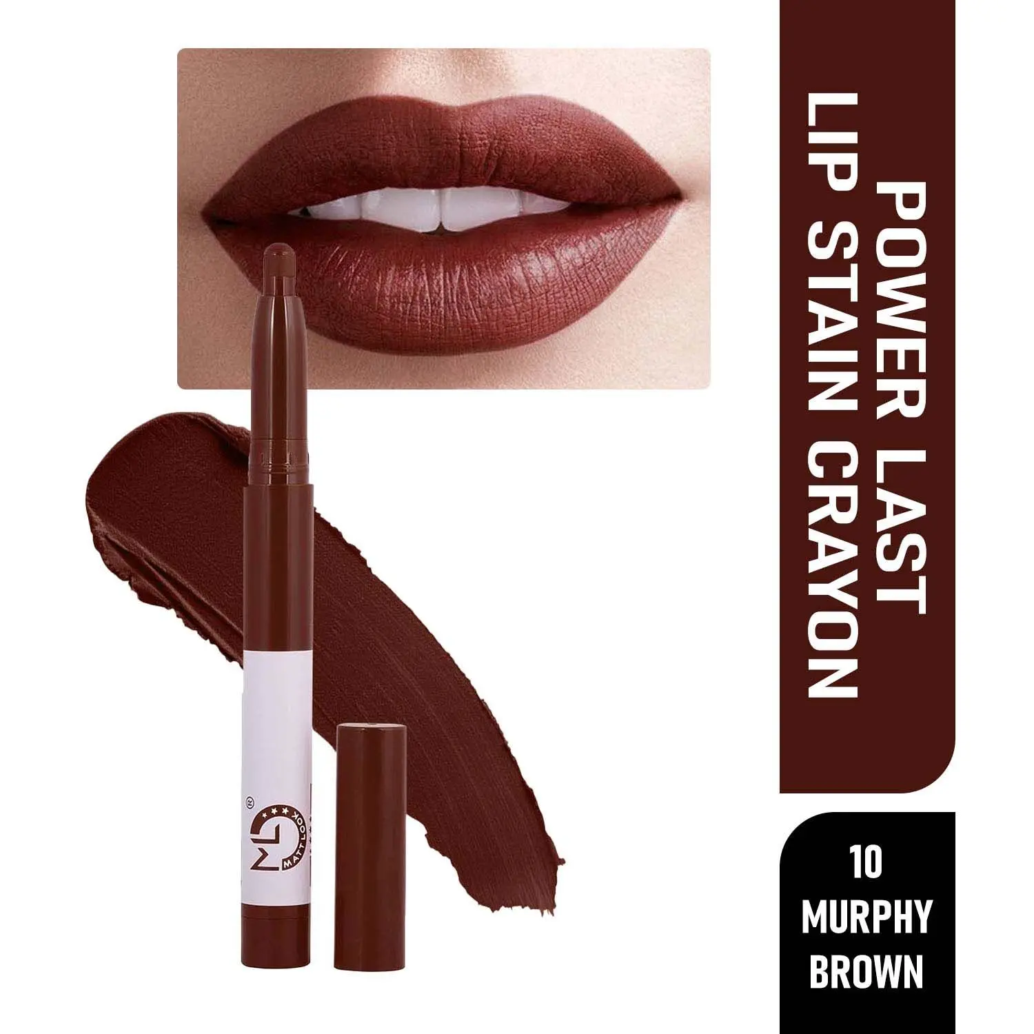 Matt look Power Last Lip Stain Crayon Lipstick, Rich Colour, Non Transfer, Mask Proof & Luxurious Creamy Matte, Murphy Brown (1.3gm)