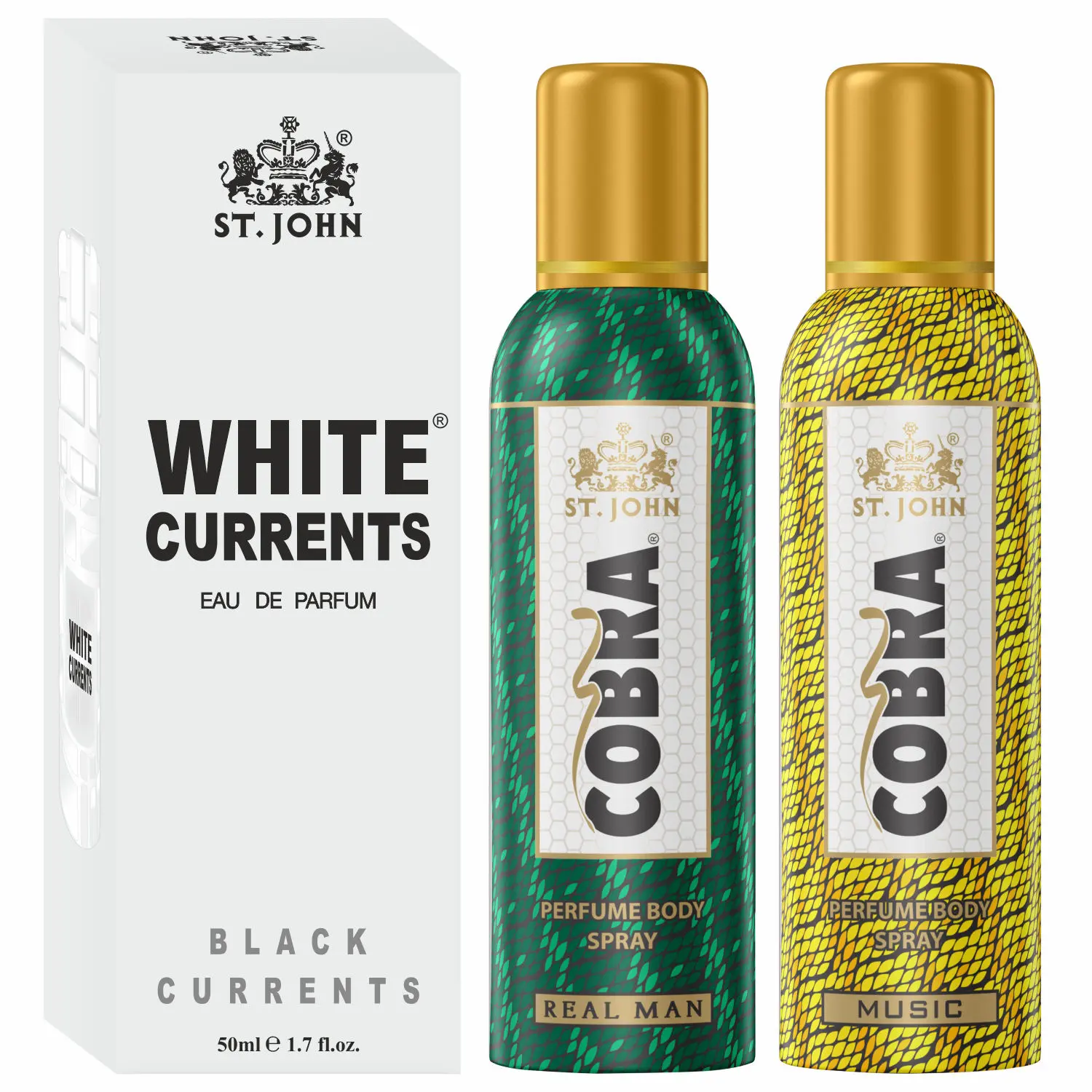 ST-JOHN Cobra No Gas Deodorant Music, Real Man 100ml each & White Current 50ml Combo Perfume Body Spray For Men & Women (250 ml, Pack of 3)