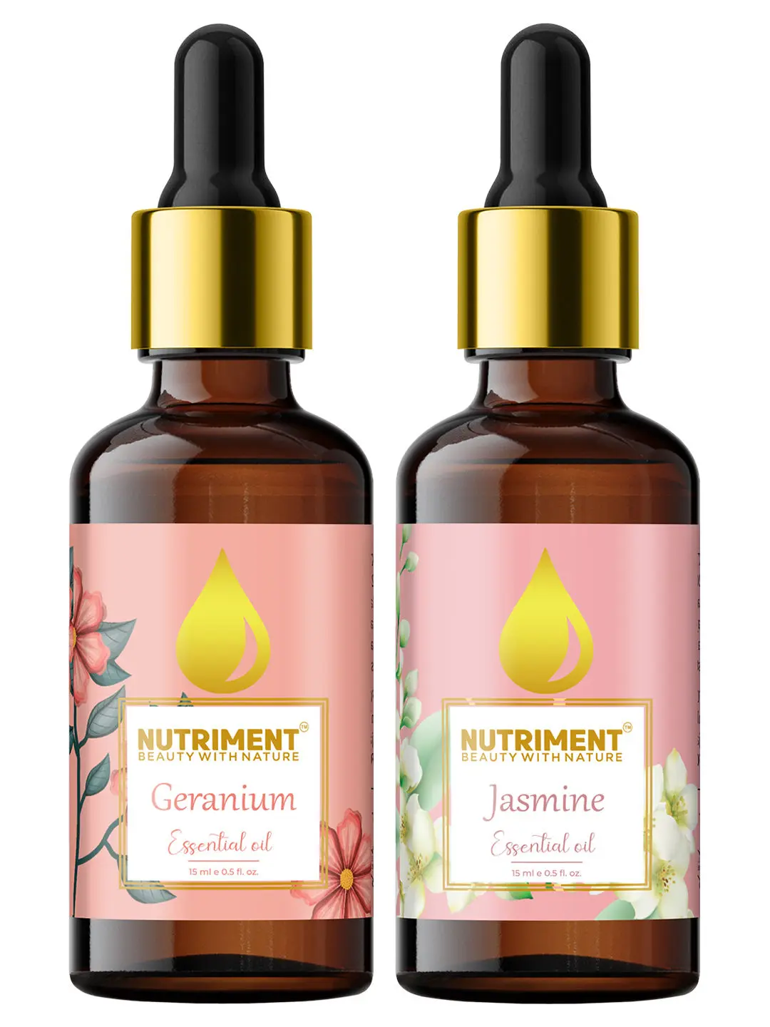 Nutriment Jasmine & Geranium Essential Oil, 15ml Each (Pack of 2)