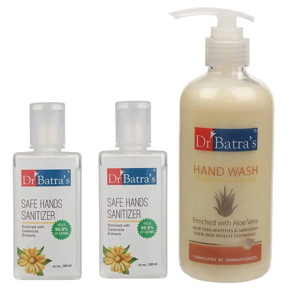 Dr Batra's Hand Wash & 2 Safe Hand Sanitizer Combo,  Enriched with Calendula Extracts  3 Piece(s)/Pack  Kills 99.9% of Germs