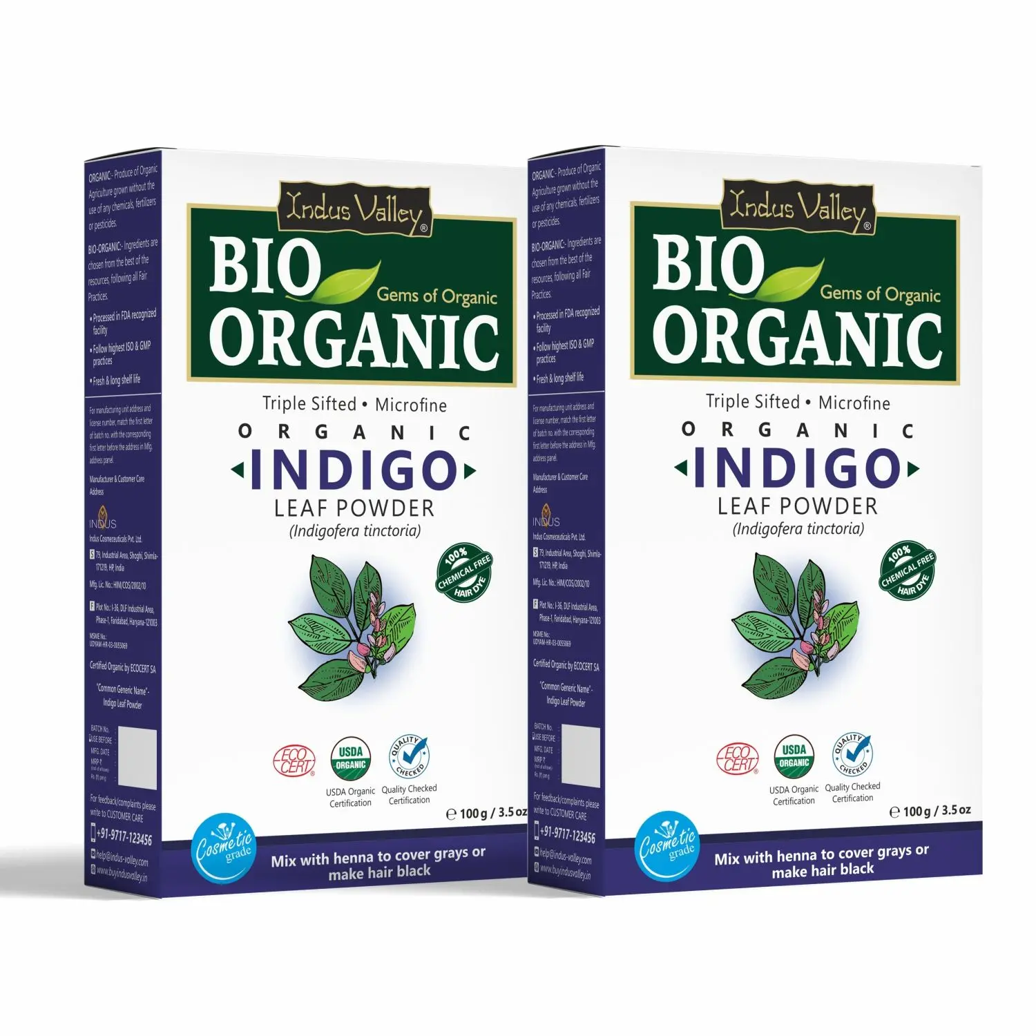 Indus Valley Natural Organic Indigo Powder for Hair Color & Hair Care- Pack of 2