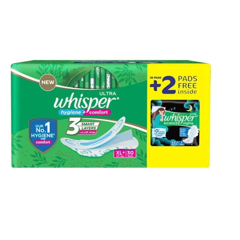 Whisper Ultra Clean Thin XL+ Sanitary Pads-Hygiene & Comfort with Soft Wings & Dry top sheet,30 Pads