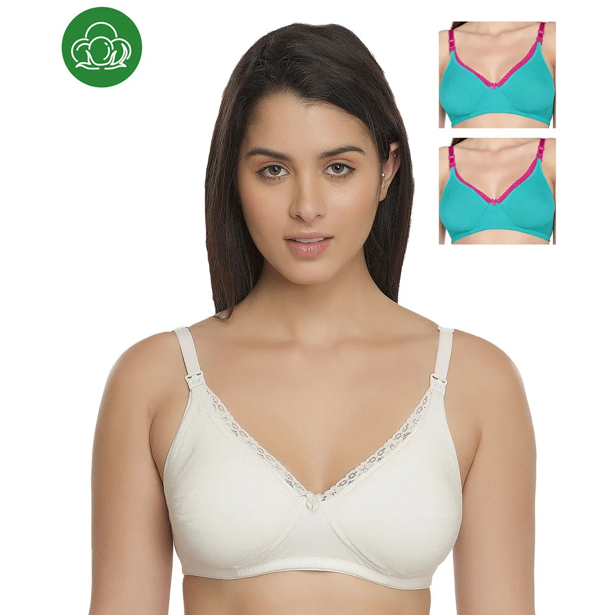 Inner Sense Organic Cotton Antimicrobial Laced Nursing Bra Pack of 3 - Multi-Color