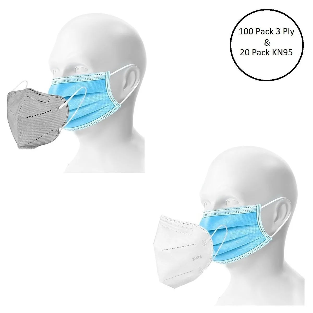 OOMPH Unisex Double Mask Set Of 100 Disposable & 20 KN95 / N95 Masks (Grey, White )