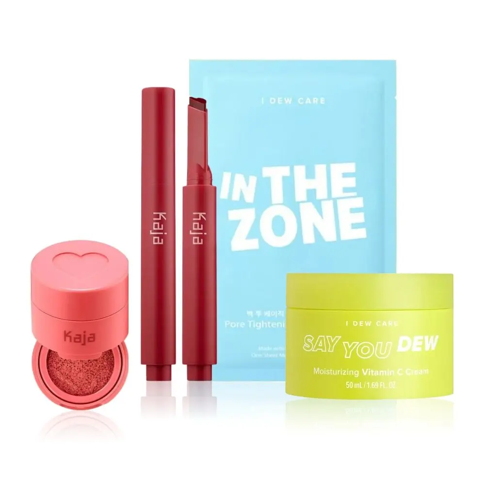 Korean Face Makeup Bundle - 04 | Kaja Lip Gloss Stick (Too Hot), Kaja Cheeky Stamp (Bossy), I DEW CARE Say You Dew Vit C Cream, I DEW CARE Sheet Mask (In the Zone)