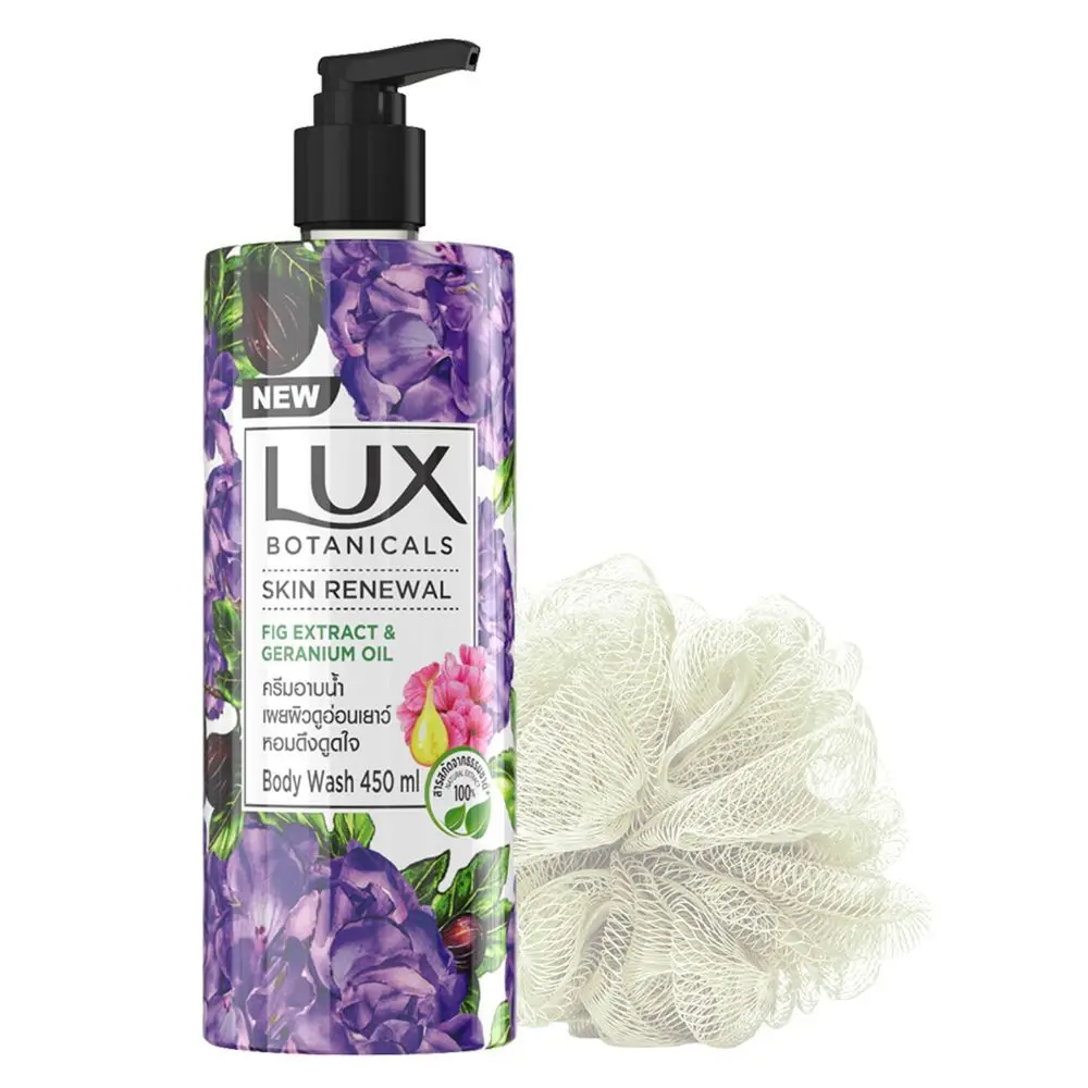 Lux Botanicals Geranium Oil & Fig Extract Body Wash for Skin Renewal, 450ml(Free Loofah)