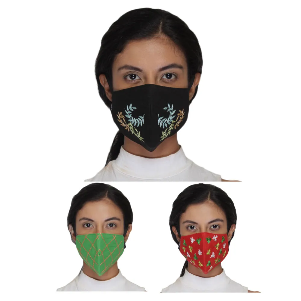 Anekaant Pack Of 3 Multicolor 3-Ply Reusable Cotton Embroidered Fabric Fashion Mask