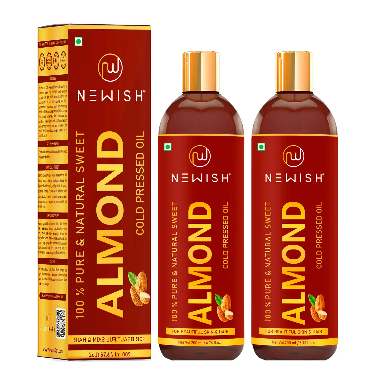 Newish® Badam Rogan oil | Sweet Almond oil for Hair, body and Skin, Unrefined 200ml ( Pack of 2)