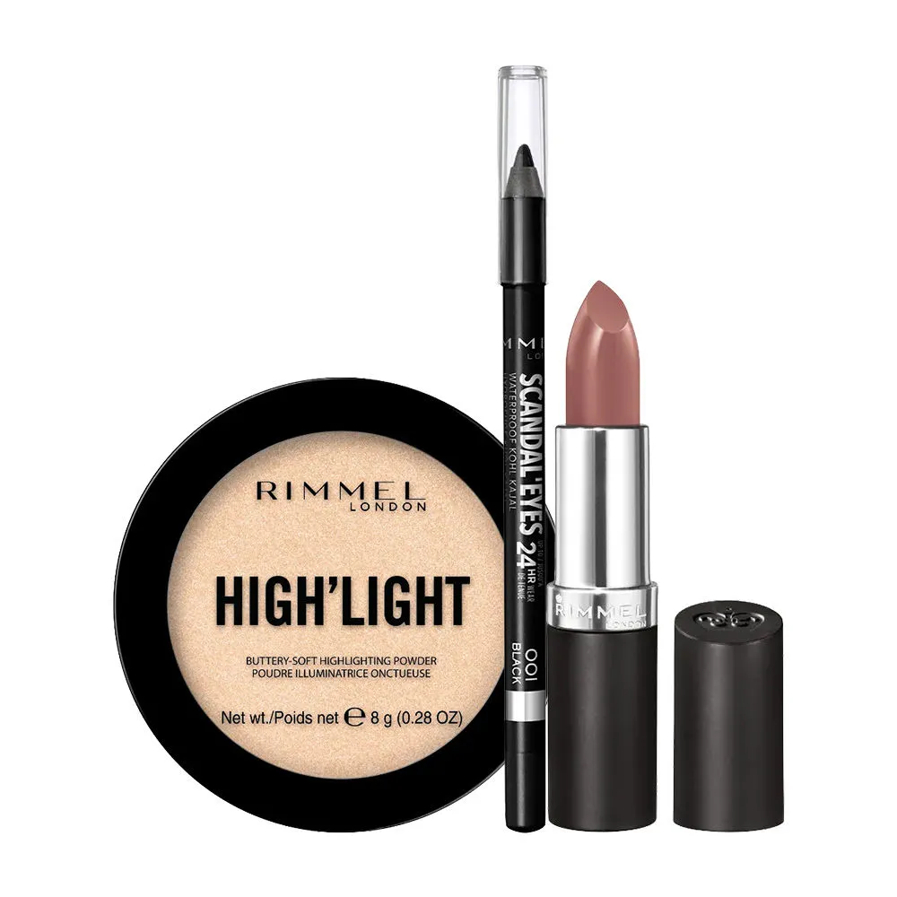 Rimmel London Combo Waterproof Kohl Kajal - Black, Highlighter - Stardust & Lipstick - Get Dirty