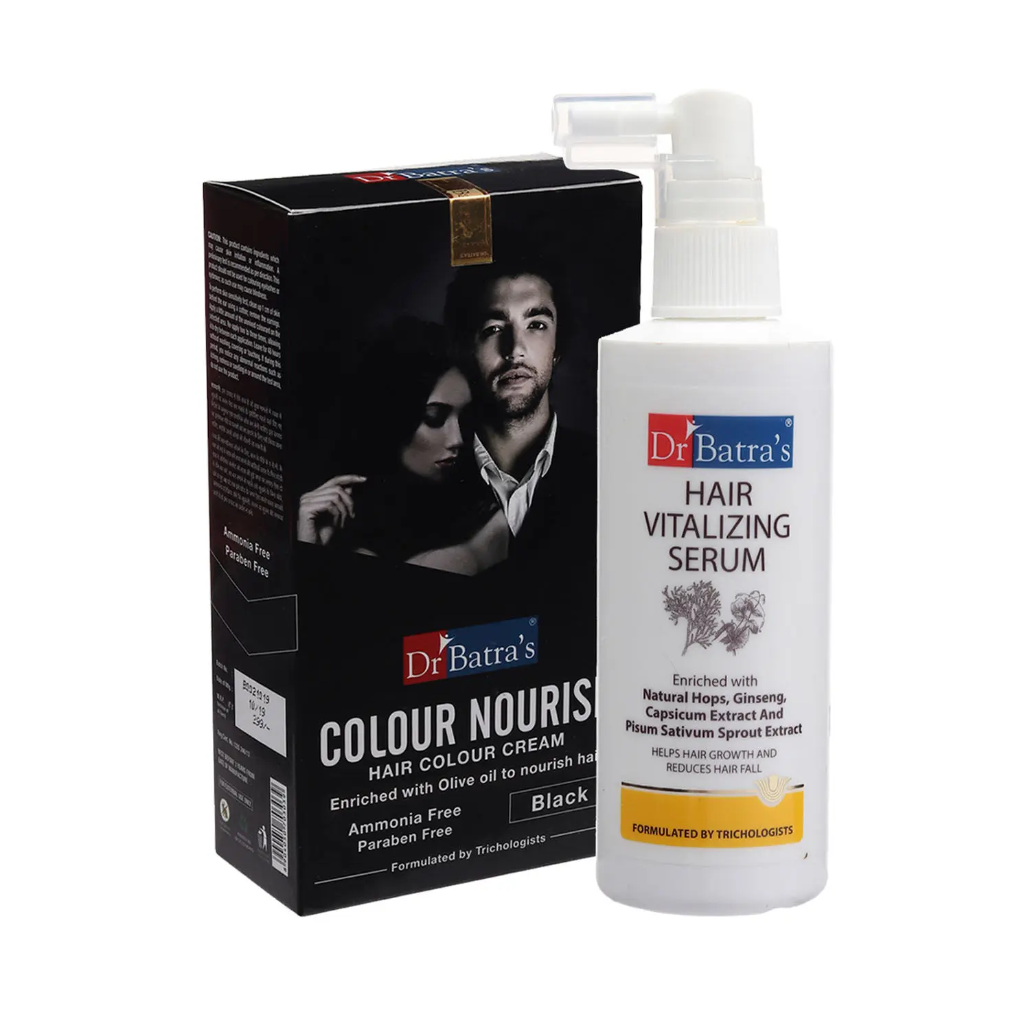 Dr Batra's Hair Vitalizing Serum 125ml and Dr Batra's Colour Nourish Hair Colour Cream - Black (Pack of 2 for Men and Women)