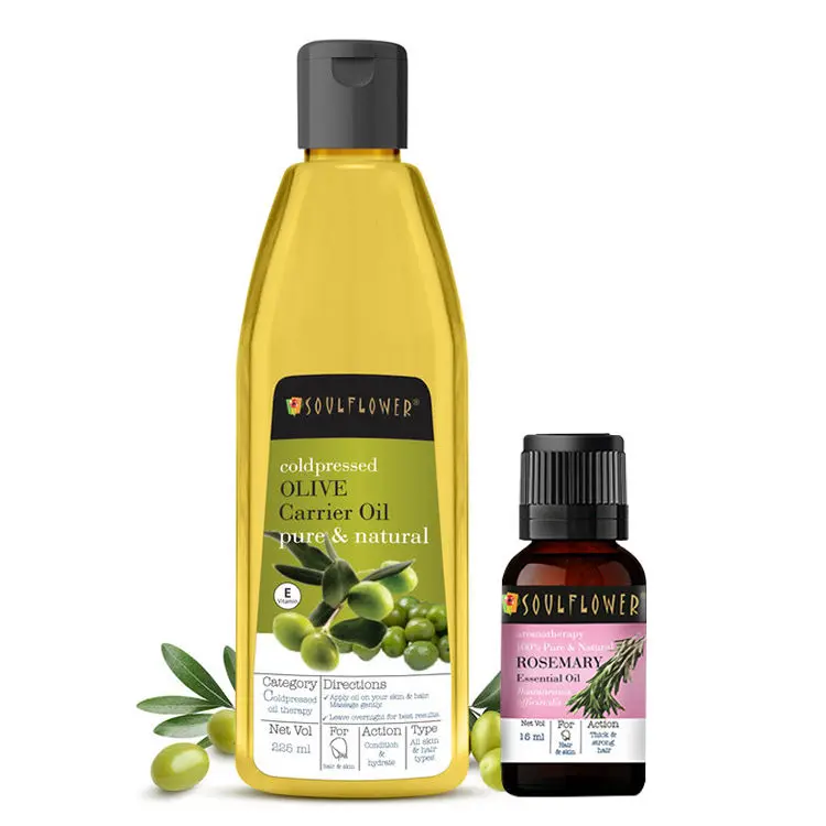 Soulflower Rosemary Essential Oil, Olive Oil & Castor Carrier Oil Pure & Natural for Dry Skin Combo