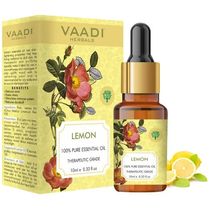 Vaadi Herbals Lemon Essential Oil - Lightens Skin, Reduces Dandruff, Uplifts Mood - 100% Pure Therapeutic Grade