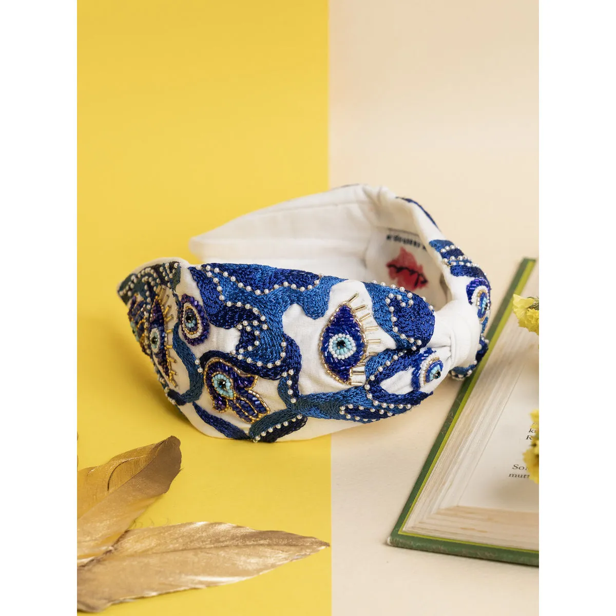 Elaa Betty Cooper Embroidered Headband In White - Evil Eye