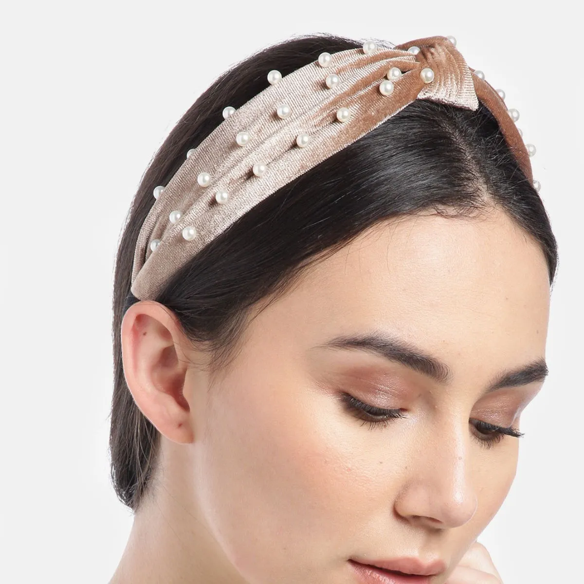 Blueberry Princess Pearl Embellished Brown Velvet Knot Hair Band