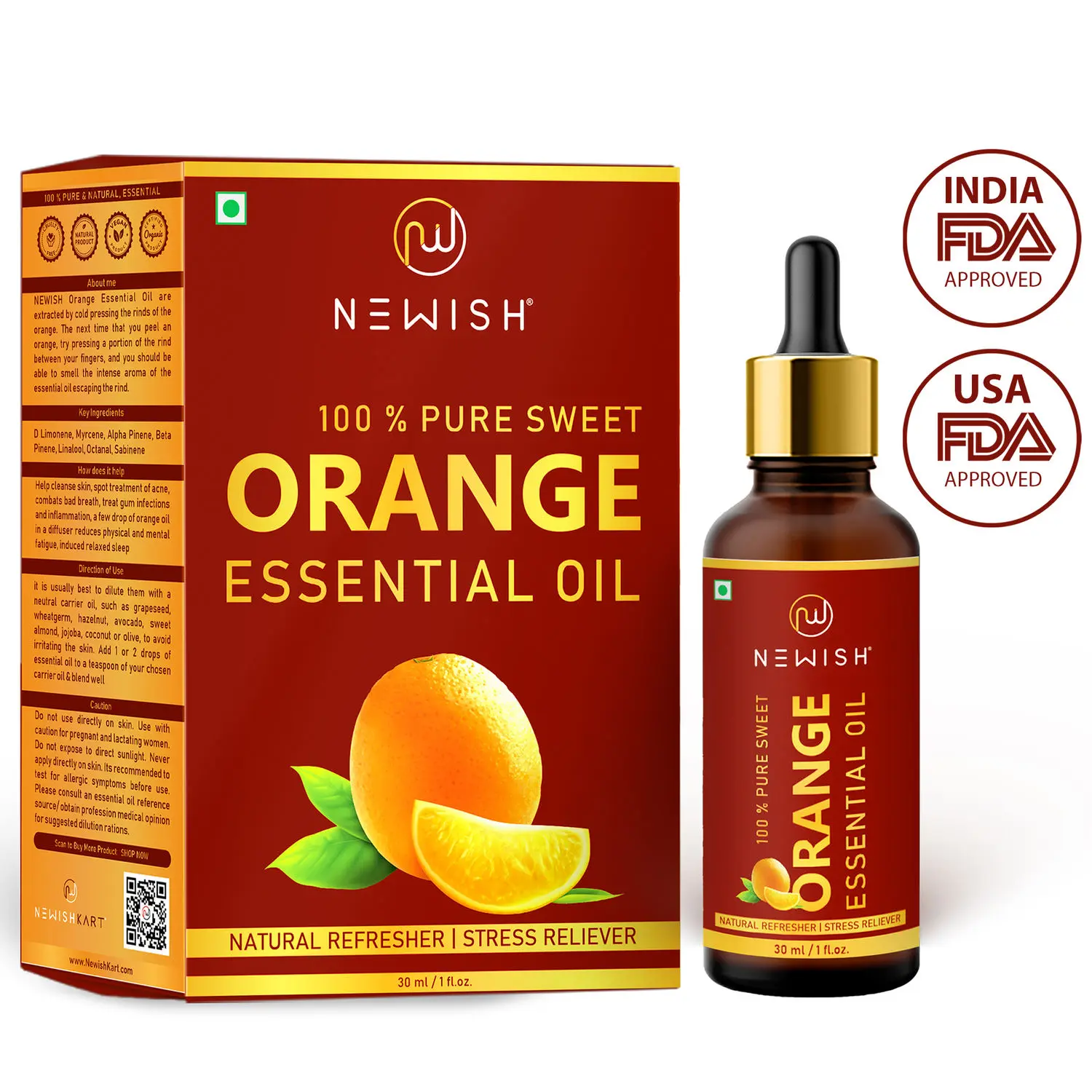 Newish Sweet Orange 100 % Natural Essential Oil for Face, Skin, Aroma, Diffuser Cold Pressed 30ml