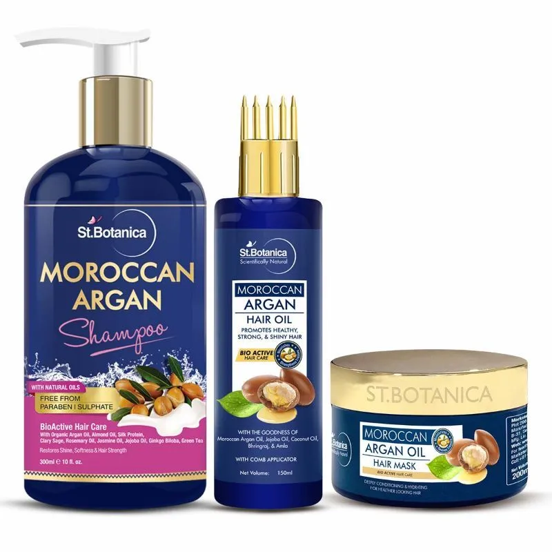 St.Botanica Moroccan Argan Shampoo + Hair Mask + Argan Hair Oil With Comb Applicator