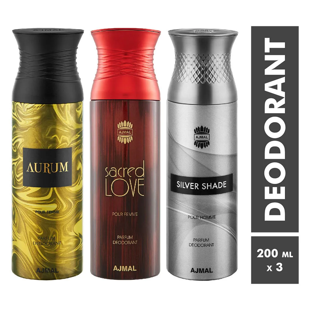 Ajmal Aurum, Sacred Love & Silver Shade Parfum Deodorant For Men and Women - Pack Of 3