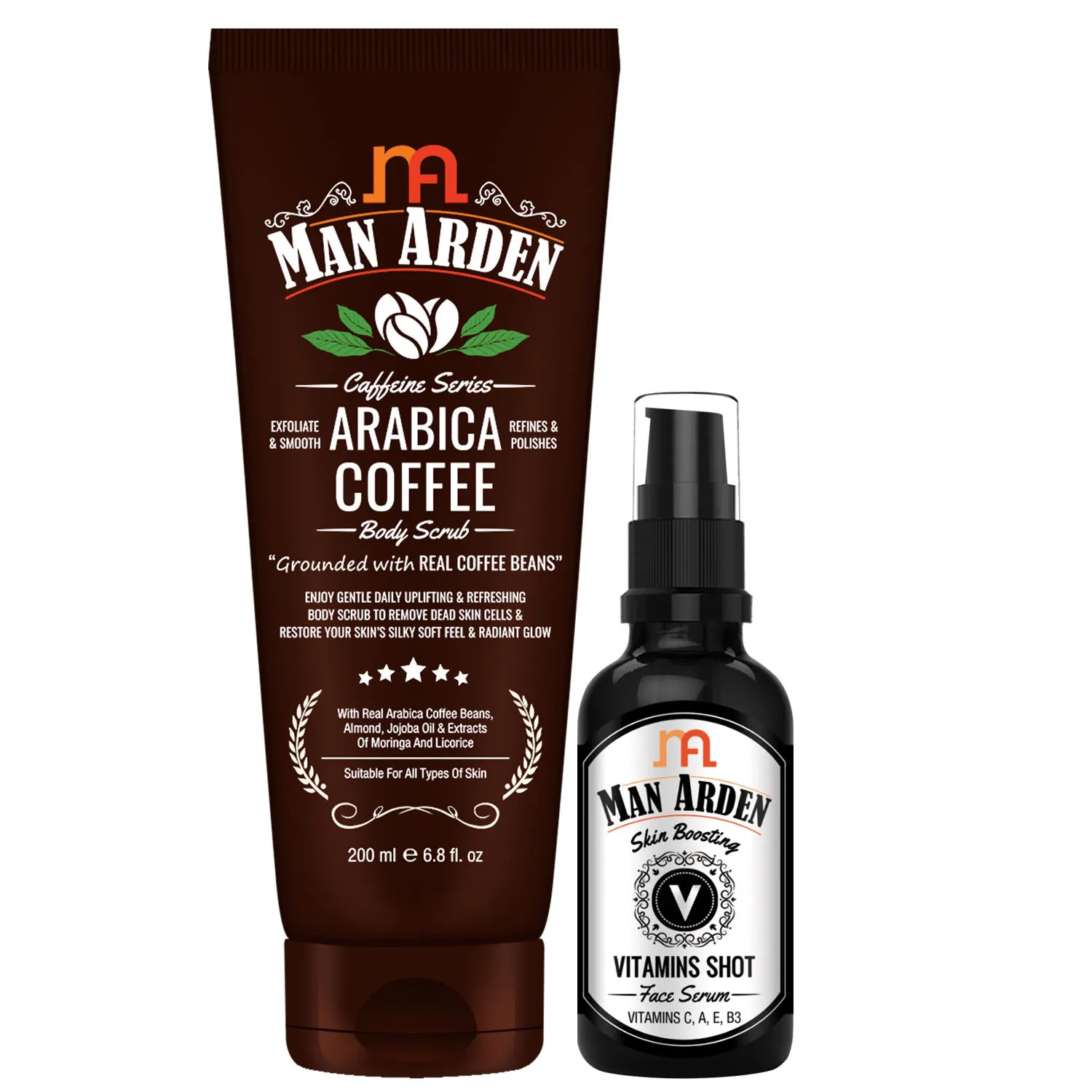 Man Arden Skin Care Combo - Arabica Coffee Body Scrub + Vitamins Shot Face Serum