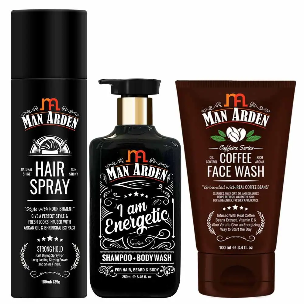 Man Arden Hair & Body Care Combo,  3 Piece(s)/Pack  Hair Spray, I Am Energetic Shampoo + Body Wash, Coffee Face Wash