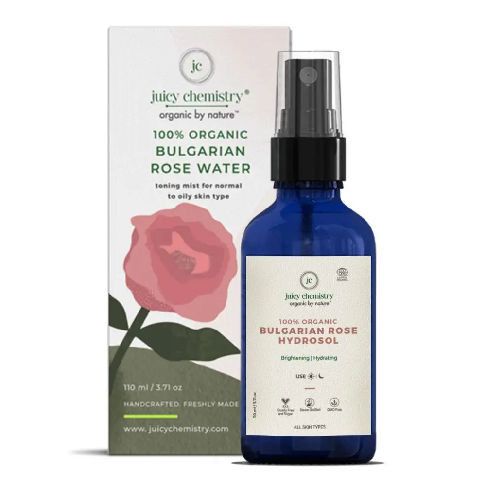 Juicy Chemistry Bulgarian Rose Water Face Toner for Glowing, Brighter and Hydrated Skin - Made with Bulgarian Damask Roses, 110 ml - Clinically Tested & 100% Certified Organic (Mist Spray)