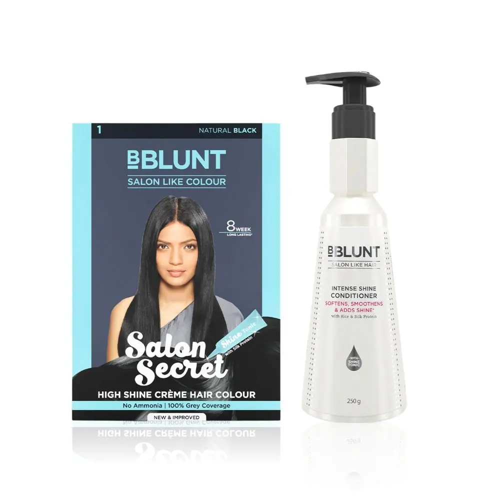 BBlunt Salon Secret High Shine Creme Hair Colour - Natural Black (152 ml) + BBLUNT Intense Shine Conditioner with Rice & Silk Protein for Softer Smoother & Shinier Hair-250gm