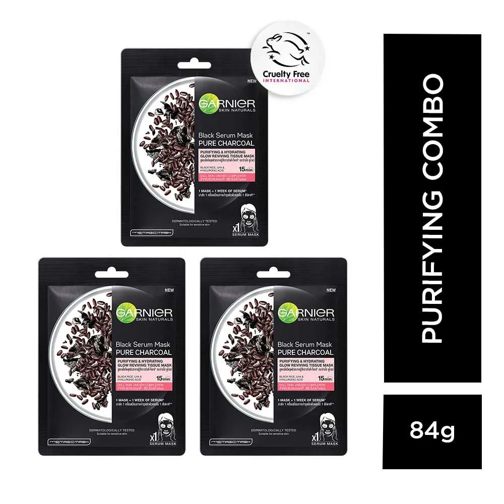 Garnier Black Rice Pure Charcoal Black Serum Mask, Face Serum Sheet Mask