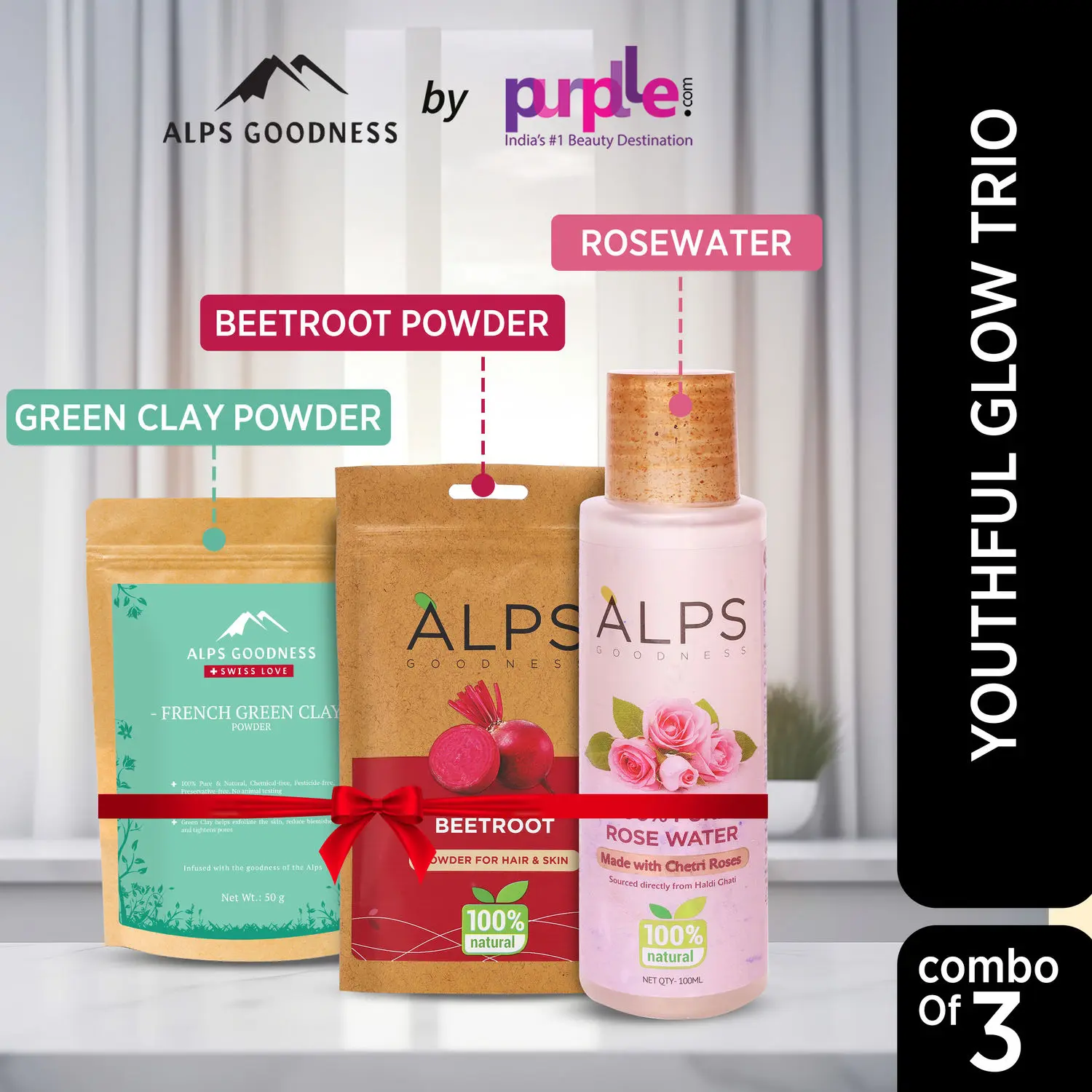 Alps Goodness Youthful Glow Trio with Beetroot Powder, French Green Clay Powder & 100% Pure Rose Water I Skin Brightening Combo I Best for Glowing Skin I Pack of 3