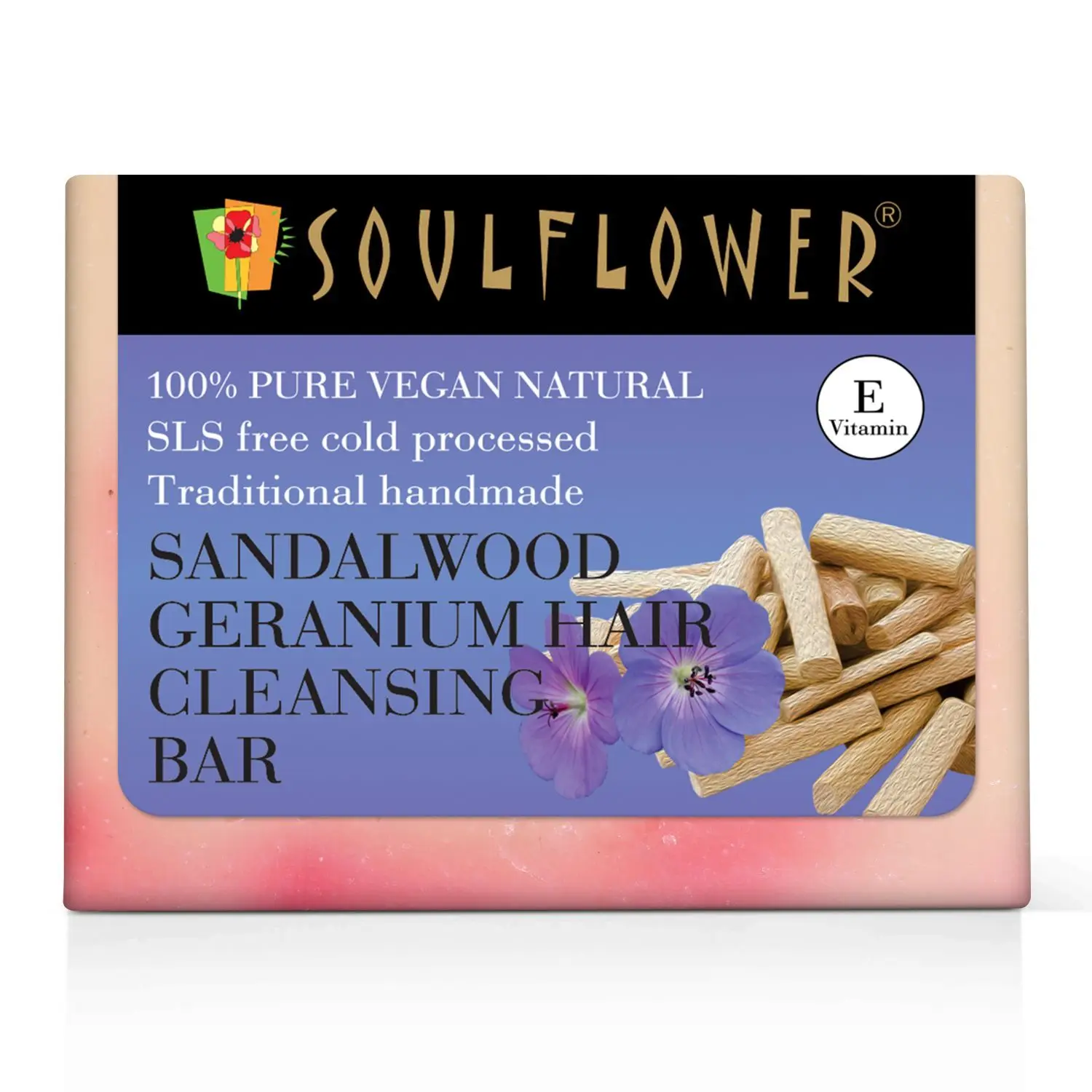 Soulflower Sandalwood Geranium Hair Cleansing Bar thick, soft & shiny hair, 100% Pure & Natural, Handmade, SLS Free, Cold Processed, 150g