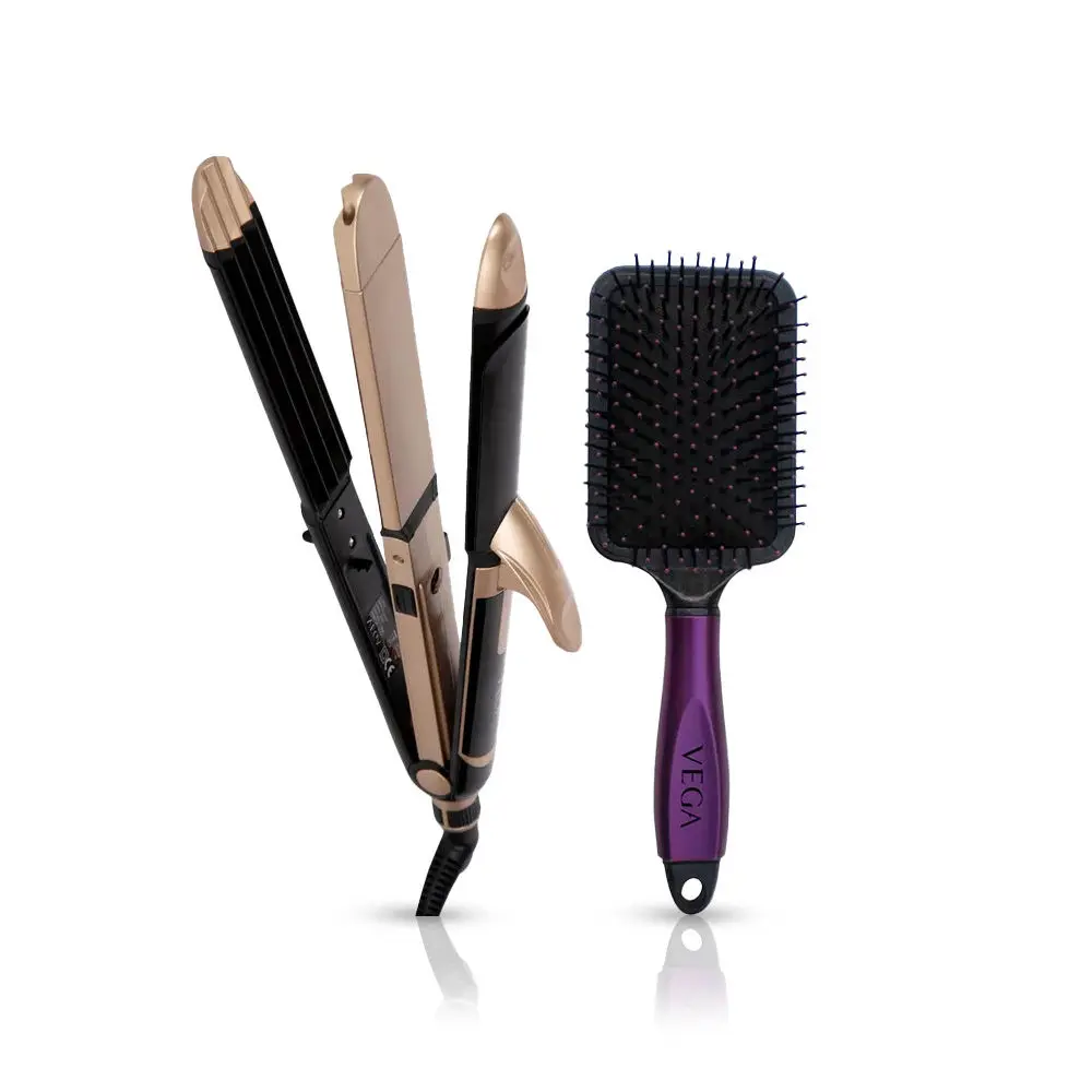 VEGA 3 in 1 Hair Styler, Straightener, Curler & Crimper (VHSCC-01), Black + VEGA Paddle Brush (E18-PB)