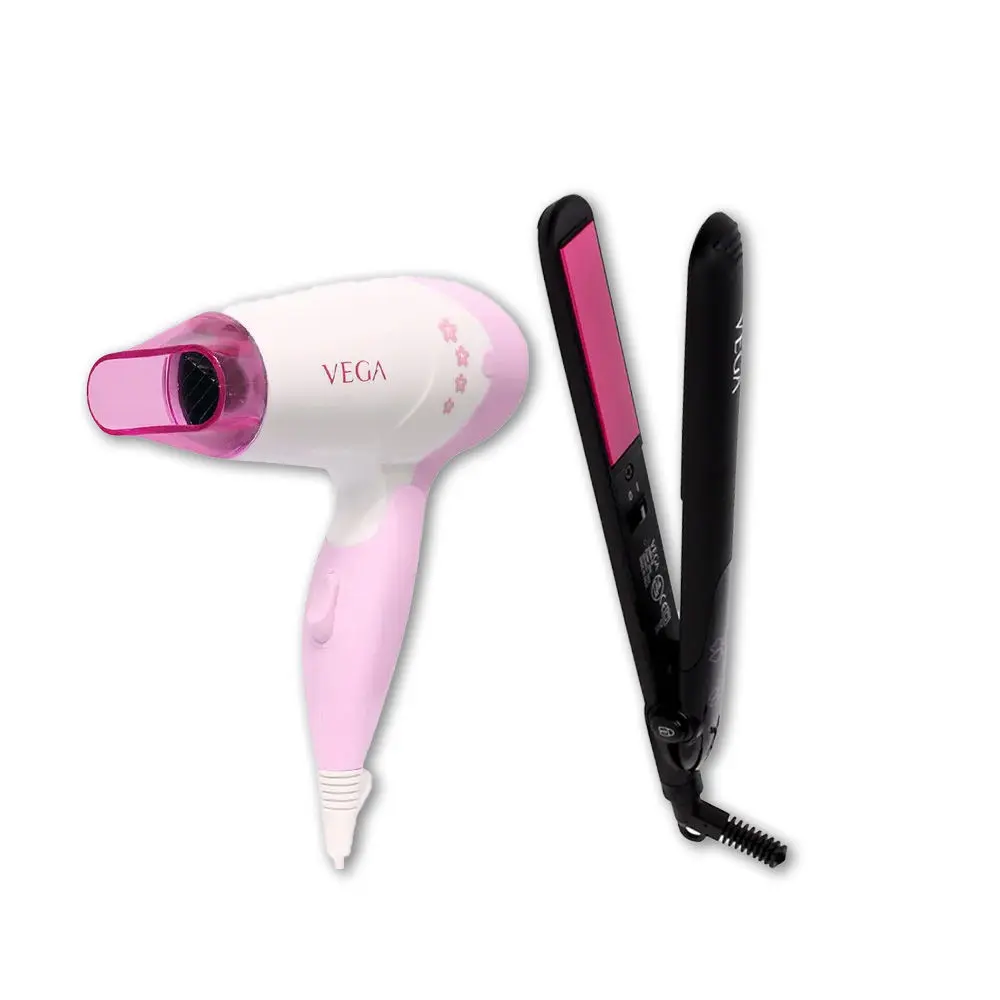 VEGA Insta Glam Foldable 1000 Watts Hair Dryer With 2 Heat & Speed Settings, VHDH-20, Pink (Made In India) + VEGA Adore Hair Straightener with Ceramic Coated Plates & Quick Heat-Up (VHSH-18), Color May Vary, (Made In India)