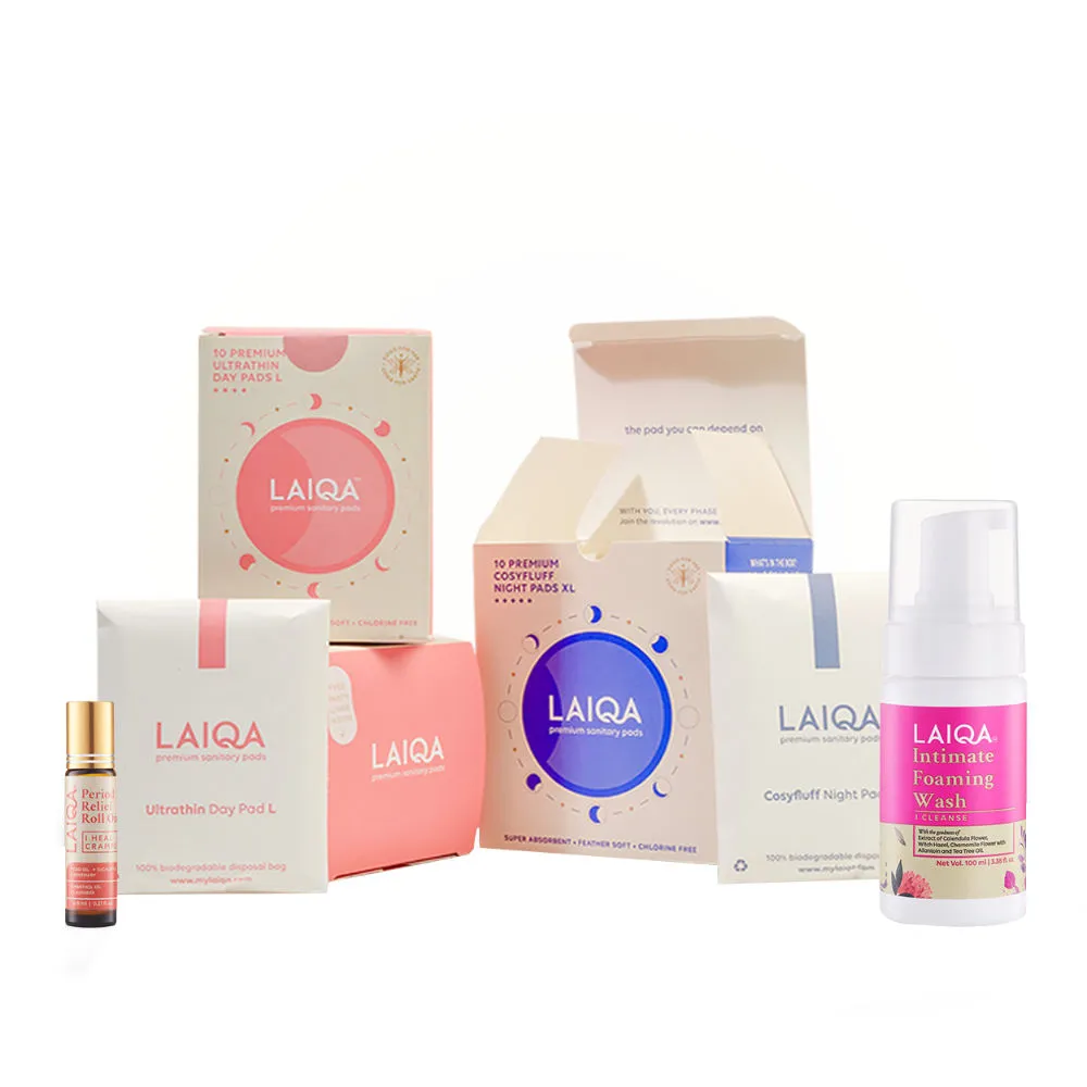 LAIQA Period Kit: Sanitary Pads Intimate Wash and Cramp Relief Roll On