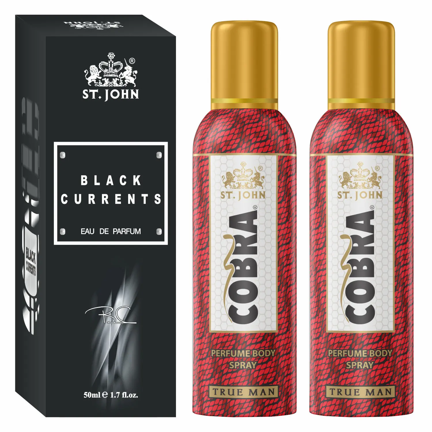 ST-JOHN Cobra Deodrant No Gas True Man Pack of 2 100ml each & Black Current 50ml Combo Perfume Body Spray - For Men & Women (250 ml, Pack of 3)