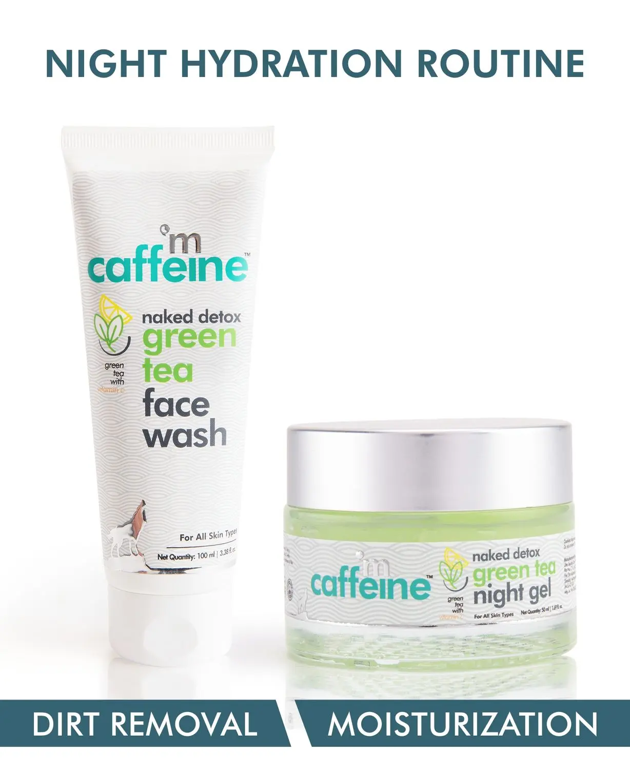 mCaffeine Green Tea Night Hydration Routine | Vitamin C | Dirt Removal, Moisturization | Face Wash, Night Gel | All Skin | Paraben & SLS Free 150 ml
