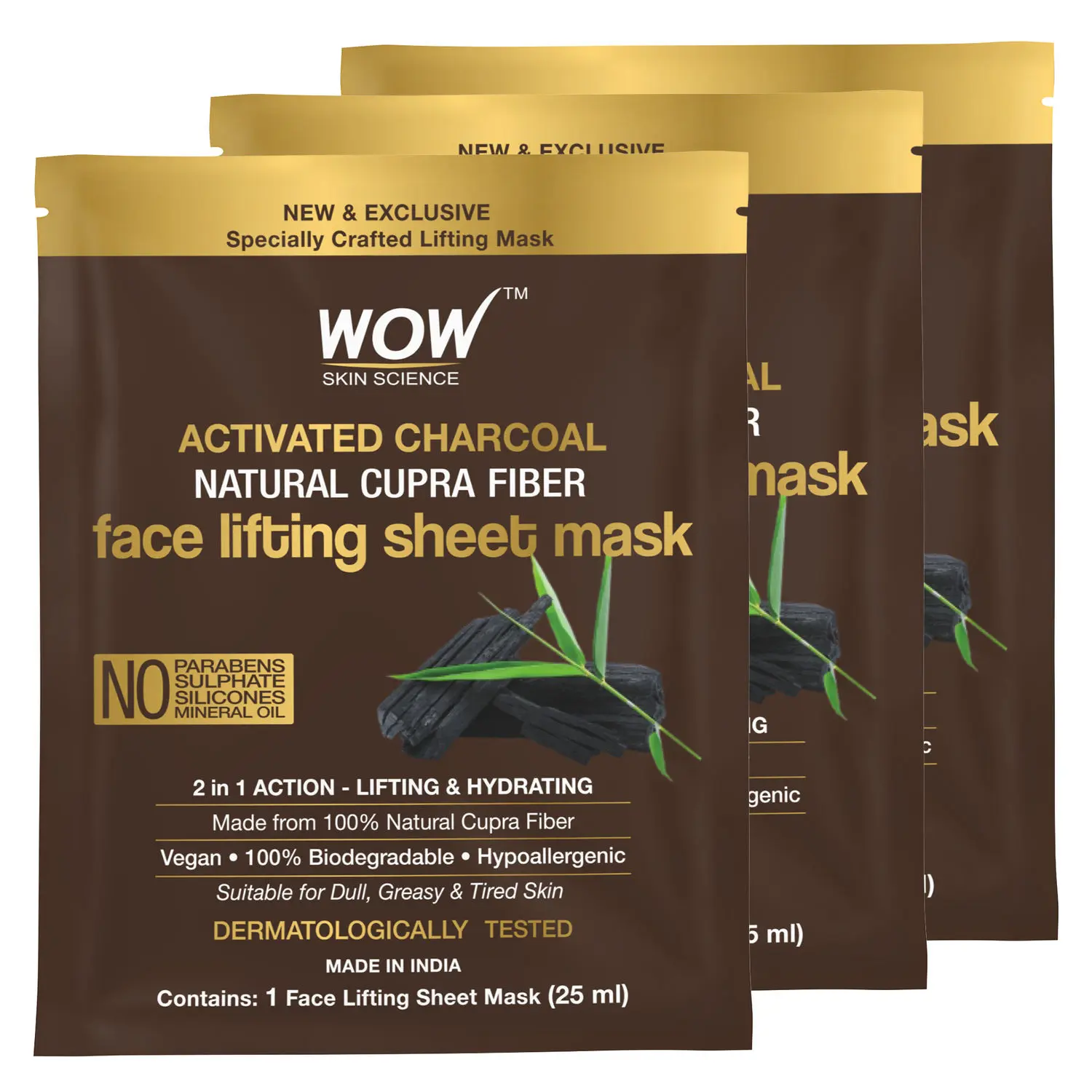 WOW Skin Science Activated Charcoal Natural Cupra Fiber Face Lifting Sheet Mask - For Skin Purification and Skin Hydration - 25ml - Pack of 3