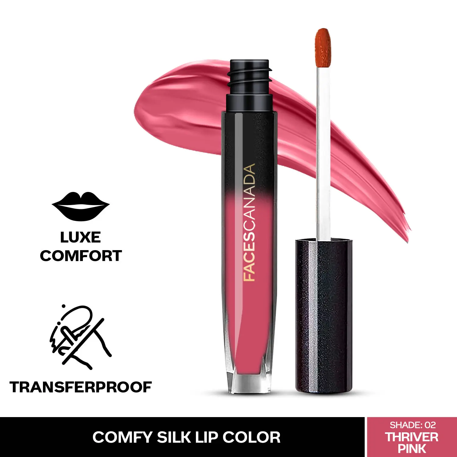 Faces Canada Comfy Silk Lip Color I Satin Matte HD Finish Liquid Lipstick I Mulberry Oil I Luxe Comfort I Longlasting I No Dryness | Alcohol, Paraben & Cruelty Free - Thriver Pink 02 | 3 ml