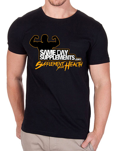 SameDaySupplements Black T-Shirt, With Orange Logo, Medium