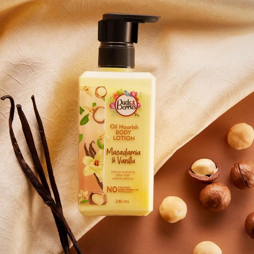 Buds & Berries Fruit Nourish Macadamia Vanilla Body Lotion, Rich Moisturisation Normal to Dry skin, No Paraben - 240 ml