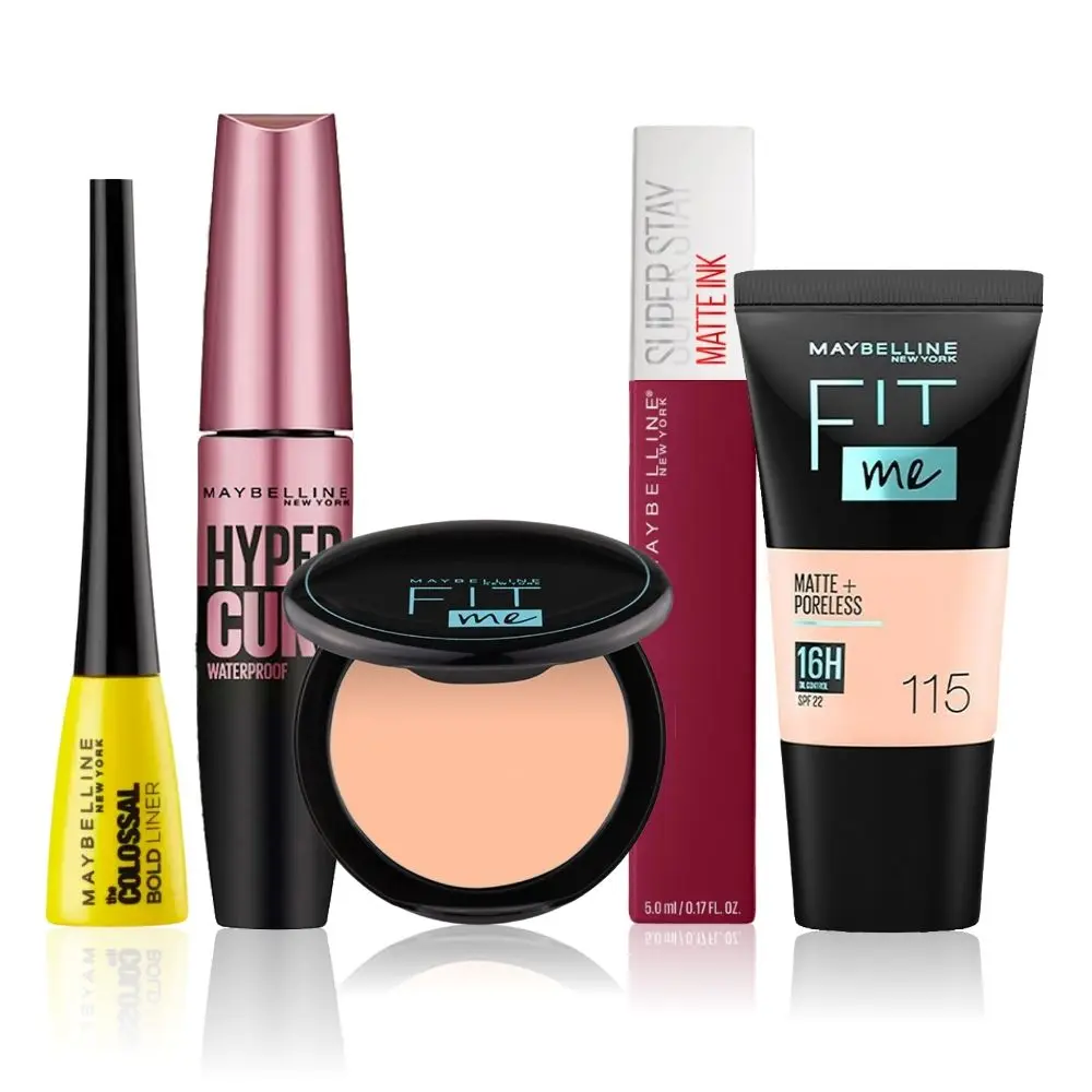 Maybelline NewYork Glamour on the Go Kit 2 | Fit Me Compact 115 (6 g) | Fit Me Liquid Foundation Tube 115 (18 ml) | Hypercurl Mascara Waterproof Very Black (9.2 g) |Colossal Eyeliner Black(3g) |Super Stay Liquid Lipstick 115 (5g)