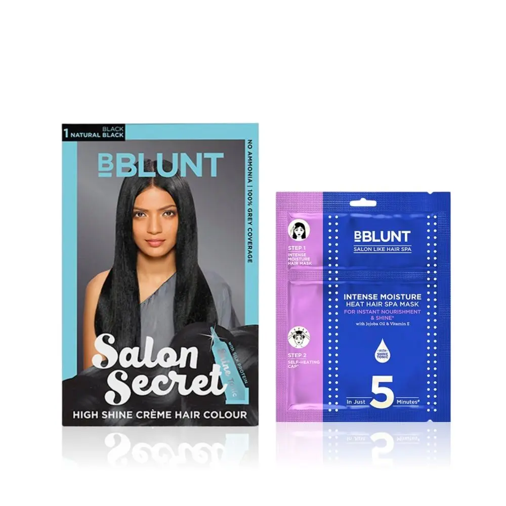 BBLUNT Salon Secret High Shine Creme Hair Colour Natural Black 1 (100 g) With Shine Tonic (8 ml) + BBLUNT Intense Moisture Heat Hair Spa Mask with Jojoba Oil & Vitamin E - 70 gm