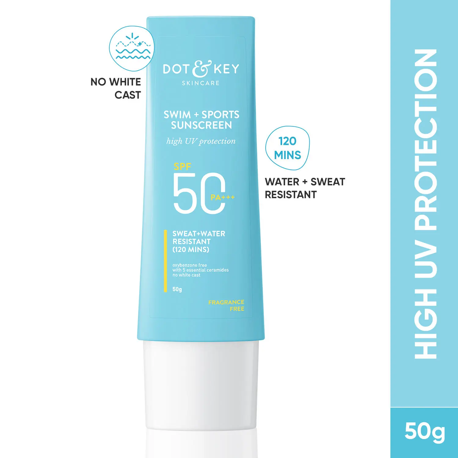 DOT & KEY SWIM + SPORTS SUNSCREEN SPF 50 PA+++ | With 5 Essential Ceramides | UVA+UVB Damage, Dryness, Tan & Sunburn Protection | Sweat + Water Resistant 120 Min | No White Cast | For All Skin Types | 50gm