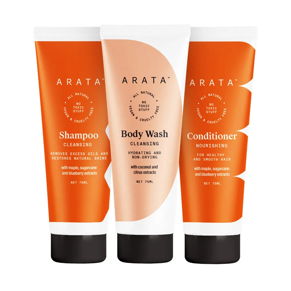 Arata Natural Mini Shower Power Set with Cleansing Shampoo Body Wash & Hair Conditioner