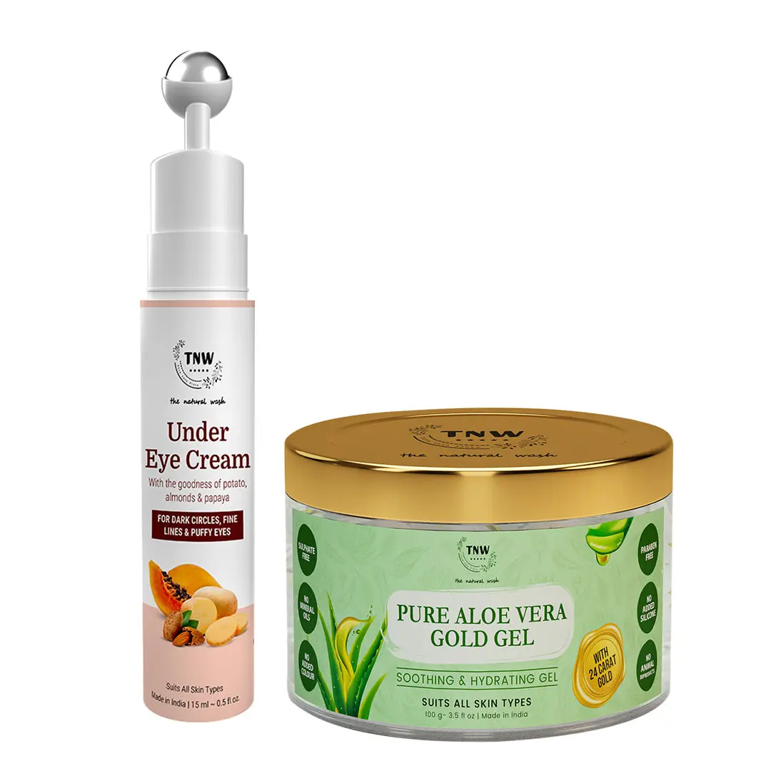 TNW-The Natural Wash Combo of Aloe Vera Gel & Under Eye Cream |Gel For Acne ,Scars,Sunburn Treatment Prevents Dark Spots 100 ML | Under Eye Cream With Massage Roller For Dark Circles ,Fine Lines 15 ML