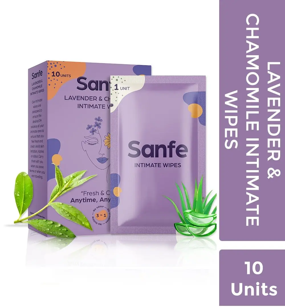 Sanfe Natural Intimate Wipes, 3 in 1 - No Odour, No Itching, No Irritation - Lavender & Chamomile(Pack of 10) # SIW014