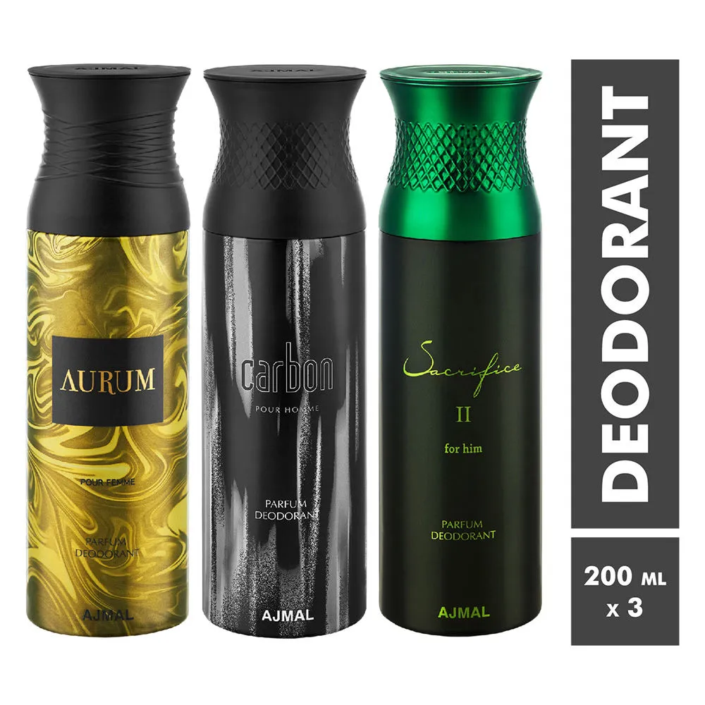 Ajmal Aurum, Carbon & Sacrifice II Parfum Deodorant For Men and Women - Pack Of 3