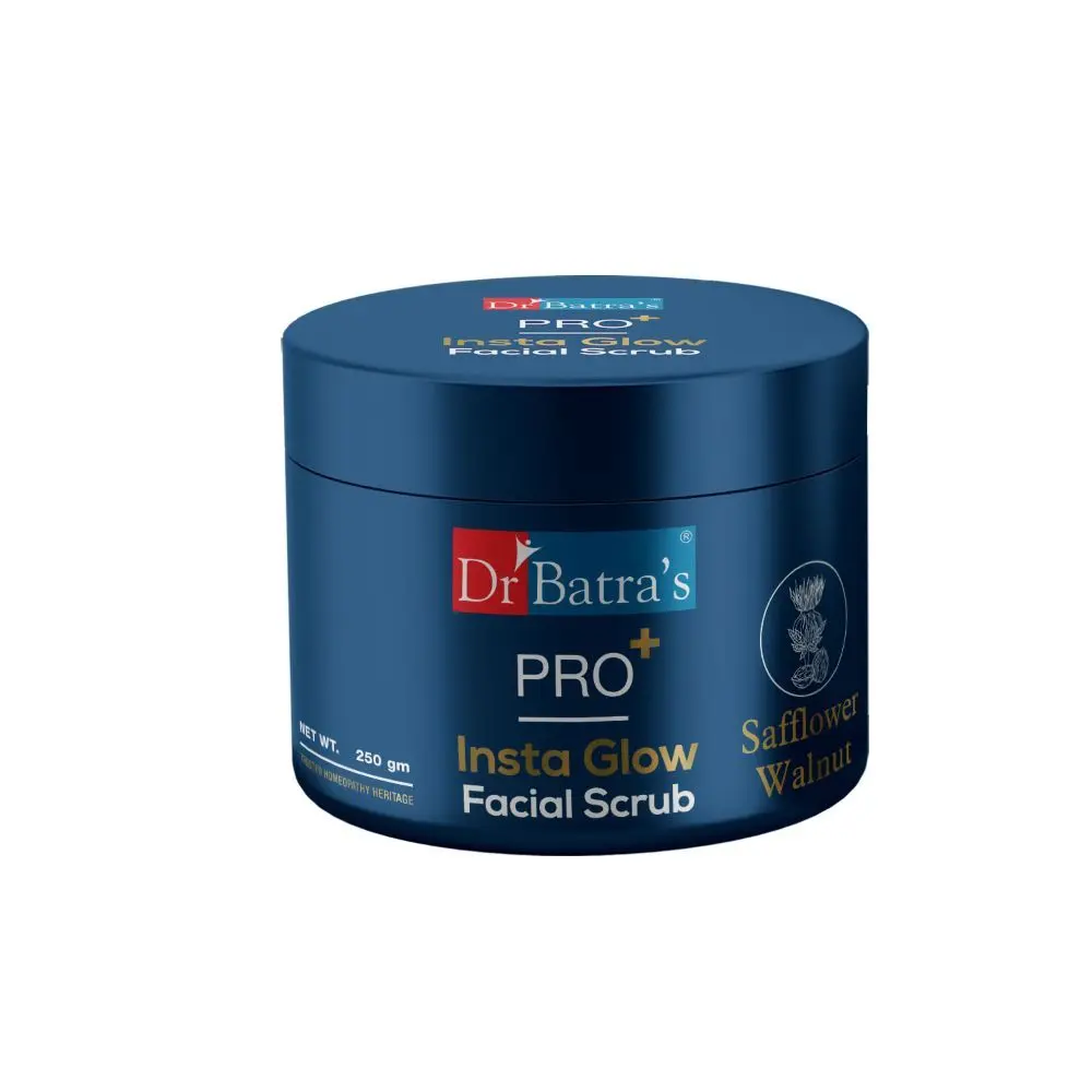 Dr Batra's PRO+ Insta Glow Facial Scrub. Exfoliates Dead Skin Cells. Unclogs Skin Pores. Brightens Skin Tone, Provides Even Complexion. Contains Echinacea, Safflower, Walnut, Niacinamide, Kaolin. 250 G.