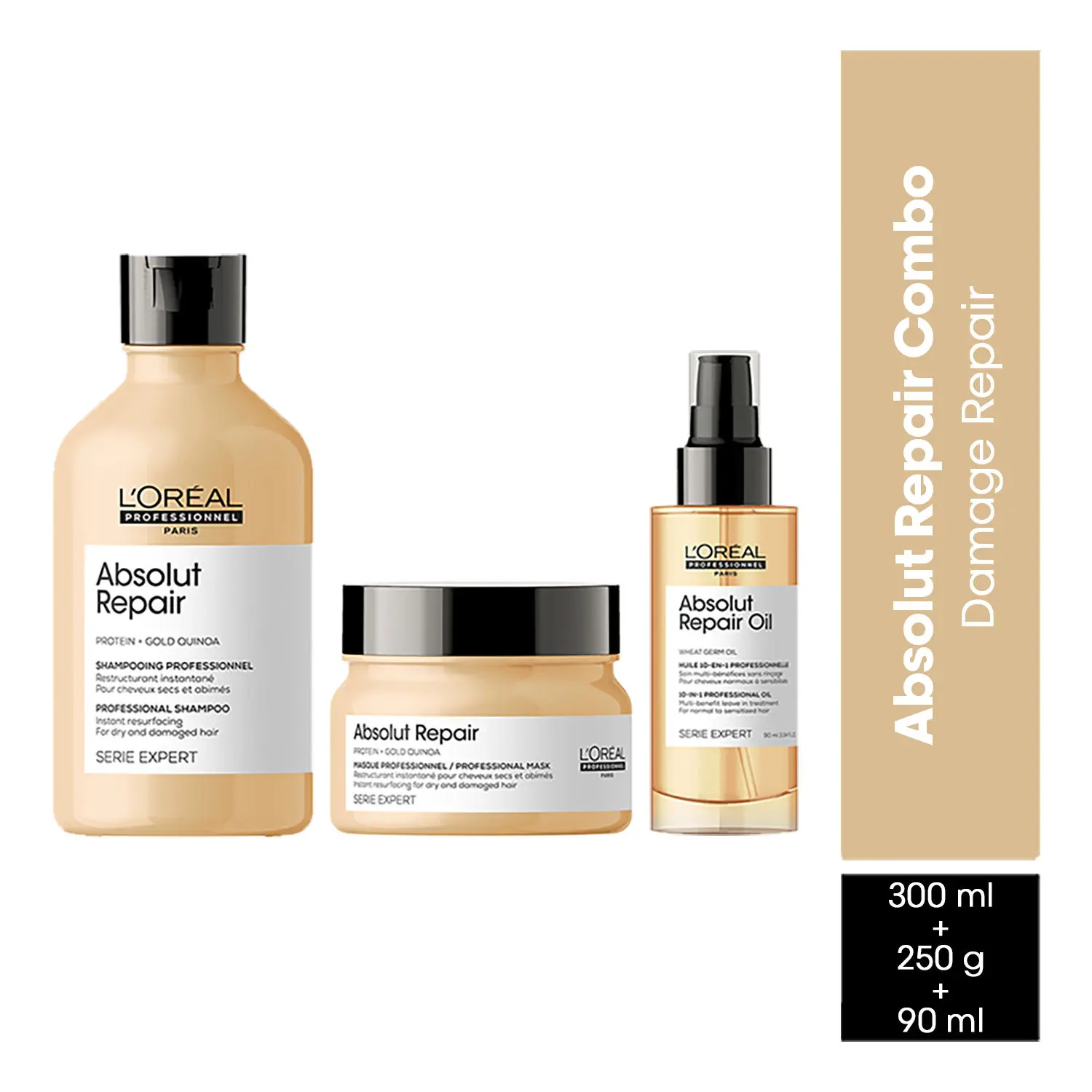 L'Oreal Professionnel Serie Expert Absolut Repair Shampoo +Serie Expert Absolut Repair Mask + Absolut Repair Oil 10-in-1 (300ml + 250 gm + 90 ml)