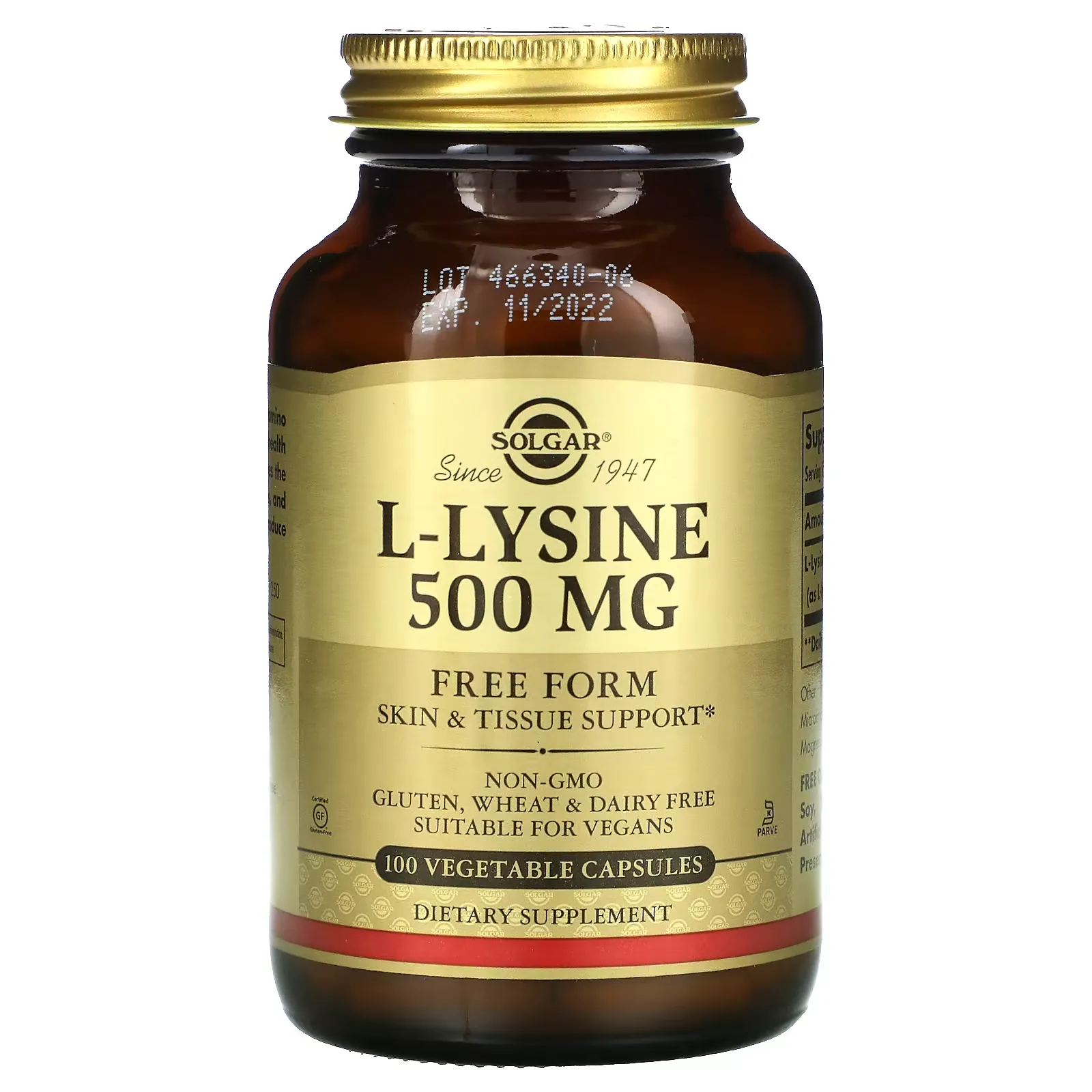 L-Lysine, Free Form, 500 mg, 100 Vegetable Capsules