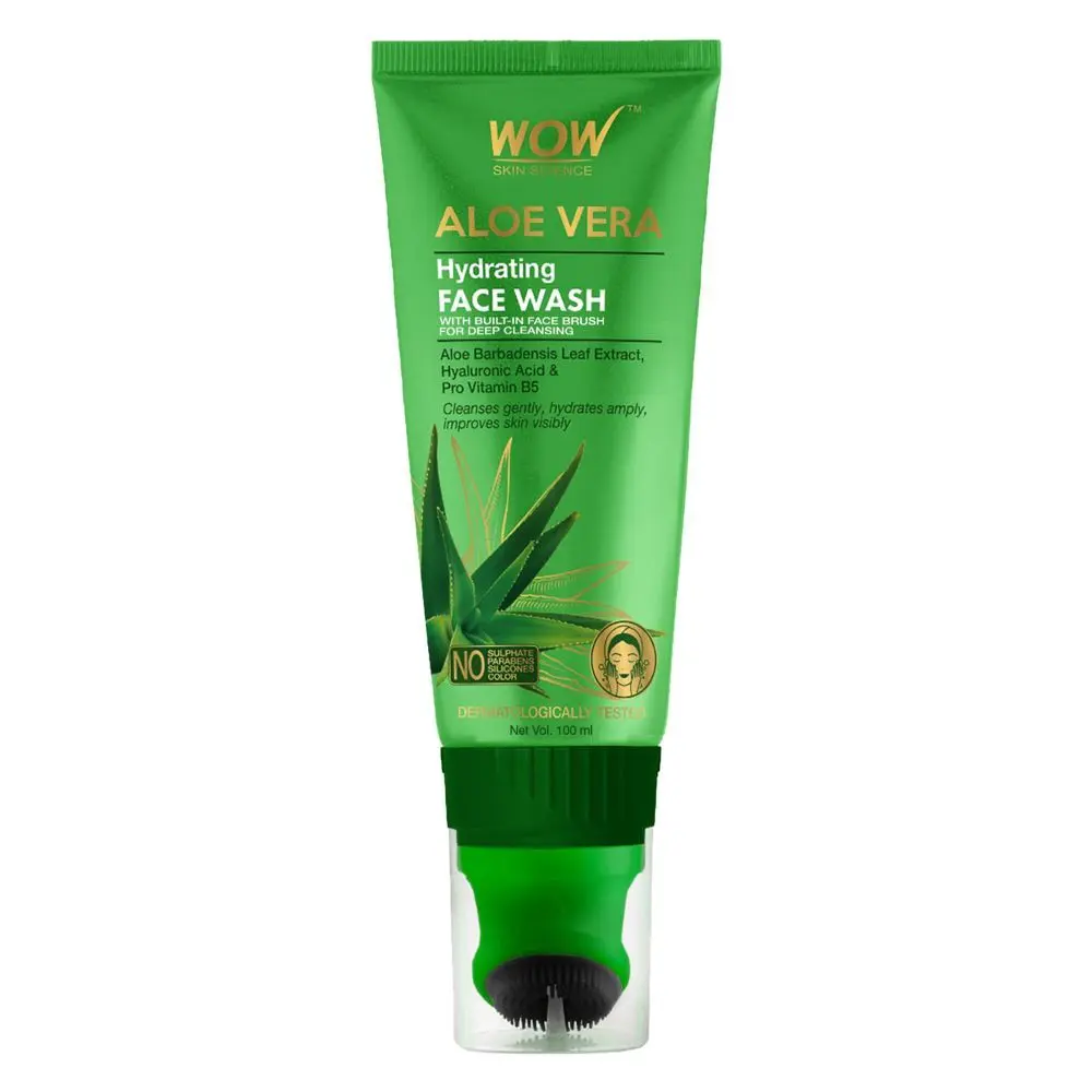 WOW Skin Science Aloe Vera Hydrating Gentle Face Wash Gel Tube with Built-In Face Brush (100 ml)